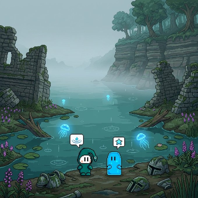 Two small characters stand by a misty river surrounded by ancient stone ruins and lush cliffs, with glowing jellyfish-like creatures floating above the water and speech bubble icons showing a wizard hat and star above their heads. The "RUINS AND GLOWS" caption captures the scene perfectly—crumbling stone walls from a forgotten civilization paired with the ethereal blue bioluminescent jellyfish that illuminate the tranquil, overgrown landscape.