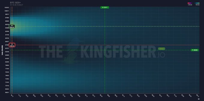 A BTC GEX+ options trading chart displaying volume by strike price with markers for 82.4K, 82K, 79K, and 78.950K, watermarked 'THE KINGFISHER.io'.