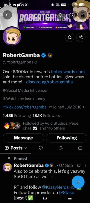 A social media profile page for "RobertGamba" (@robertgambaskr) showing follower counts and a pinned post about a giveaway.