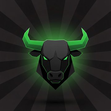 A stylized black bull's head logo with glowing green horns and eyes on a dark background with sunburst rays.