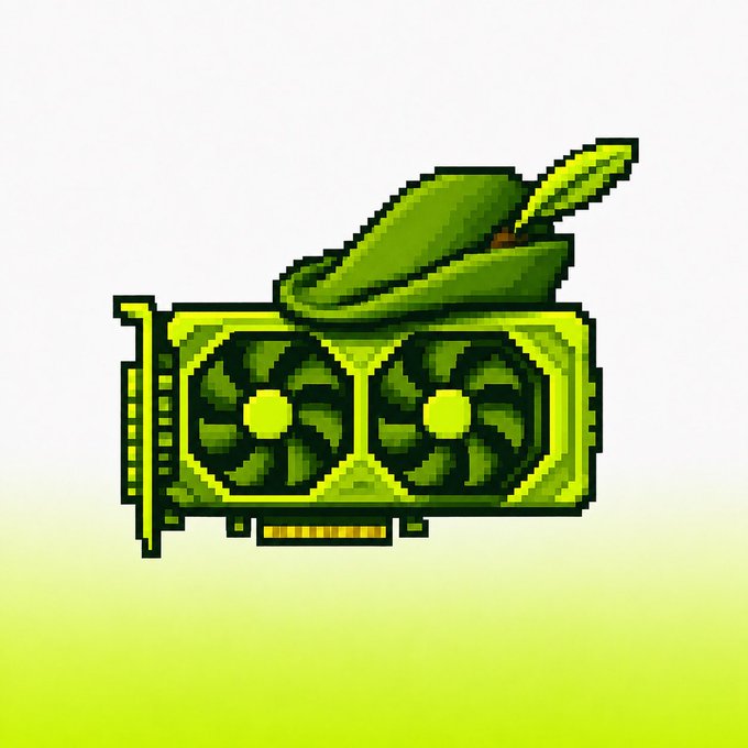A pixel art illustration of a green graphics card (GPU) with dual cooling fans topped by a green feathered hat, set against a gradient background.
