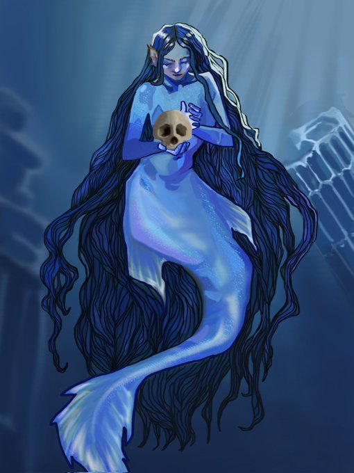 The image features a mermaid with long, flowing hair holding a skull in her hands while floating underwater. The background of the image is dark blue, which contrasts with the mermaid's hair color. There are no other objects or texts present in the image, and the focus is solely on the mermaid and the skull she holds.