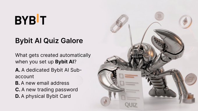 A promotional graphic for the "Bybit AI Quiz Galore" features the Bybit logo and presents a multiple-choice question asking what is automatically created when setting up Bybit AI, with options including a dedicated Sub-account, email address, trading password, or physical card. A 3D robotic lobster holding a "QUIZ" clipboard stands beside floating coins, reinforcing the crypto quiz theme tied to Bybit Africa's Day 5 social media contest using #BybitAIQuiz.