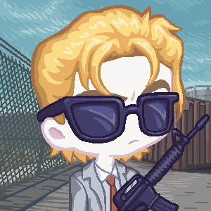 A chibi-style cartoon character with blonde curly hair and dark sunglasses holding a rifle, set against an outdoor backdrop with a chain-link fence.