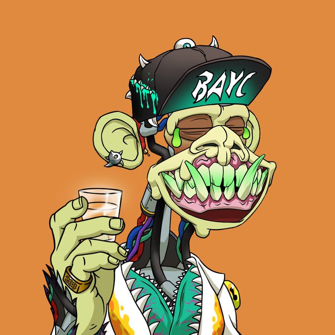 A digital illustration of a Bored Ape Yacht Club (BAYC) NFT character wearing a cap with 'BAYC' written on it, holding a glass and wearing a studded jacket.