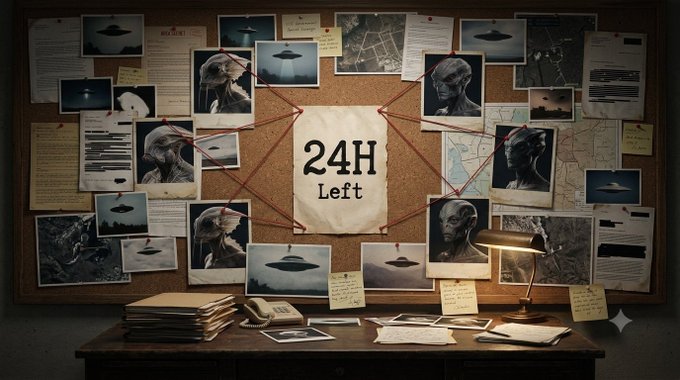 A corkboard investigation scene features a central paper reading '24H Left' surrounded by red string connecting various photographs of UFOs, aliens, documents, and maps, with a desk holding folders and a lamp in the foreground.