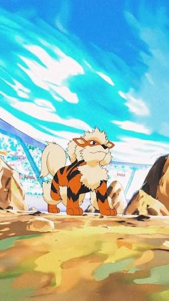 An illustration of an Arcanine, the tiger-striped Pokémon, standing on a rocky outcrop with a stadium and bright blue sky in the background.