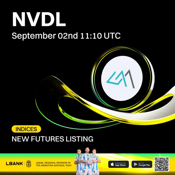 A promotional graphic announcing 'NVDL' with 'September 02nd 11:10 UTC' as an INDICES new futures listing on LBANK, featuring the Argentina national team as regional sponsors.