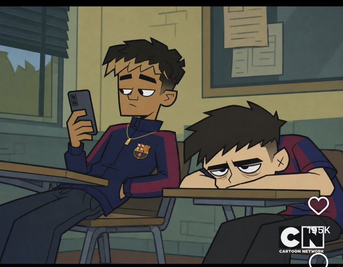 A Cartoon Network scene showing two boys in matching blue and red tracksuits in a classroom; one looks at his phone while the other rests his head on the desk looking bored, with a 'CN 195K' watermark.