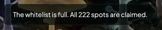 A dark notification banner displays the message "The whitelist is full. All 222 spots are claimed," confirming the announcement that the GTD list was fully allocated in just 53 minutes, prompting the organizer to consider options for those who missed out.