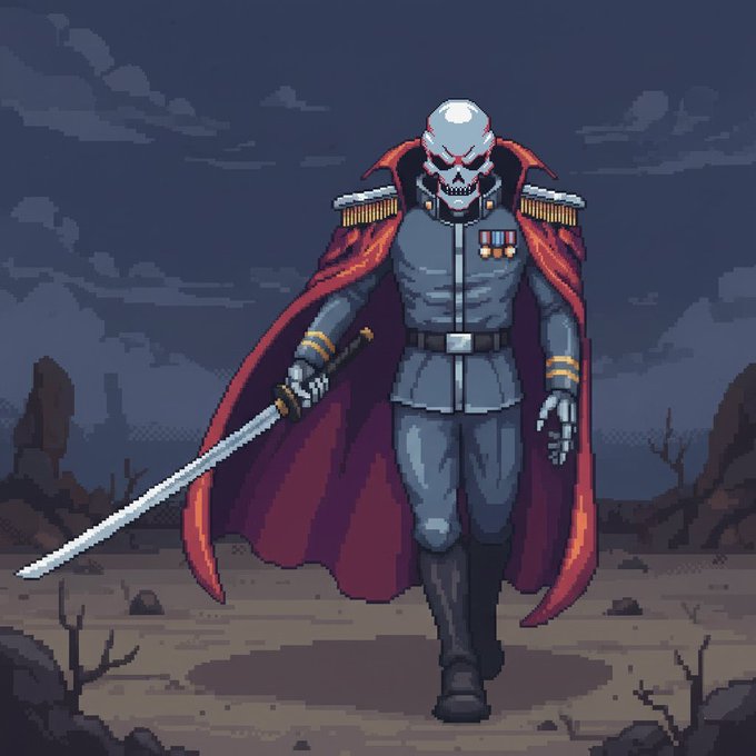 The image features a skeleton character, dressed as a soldier or knight, holding a sword and wearing a cape. The skeleton has a red cape with gold trim that matches his armor. The background of the image shows a desert landscape with rocks and trees scattered throughout. There is also text in the image that reads "Secured some spots for alpha vault community. Supply: 12345 MP: TBA on ETH To enter: • Like & RT this post - Follow @_alphavault & @KnightmaresETH (repost both pinned posts with Proof) - Drop your EVM address Winners will be announced in 24 hours."