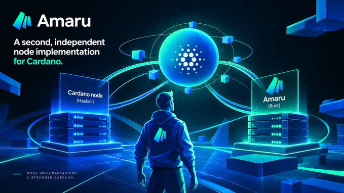 A futuristic digital promotional graphic for 'Amaru' describing it as 'A second, independent node implementation for Cardano,' showing a person between 'Cardano node (Haskell)' and 'Amaru (Rust)' towers.