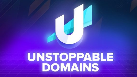 The Unstoppable Domains logo featuring a stylized white 'U' on a blue and purple gradient background, with the company name displayed below.
