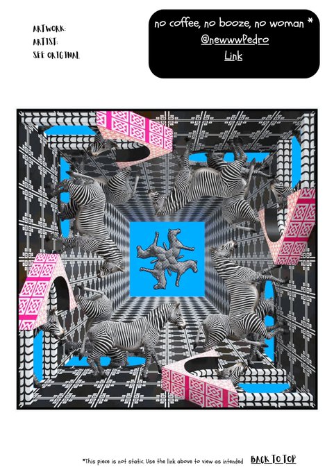 Artwork credited to 'AKINWON ARTIST: SFX ORIGINAL' titled 'no coffee, no booze, no woman*' featuring a geometric, surreal pattern of zebras and figures on pink and blue tiles, linking to '@newwwpedro'.
