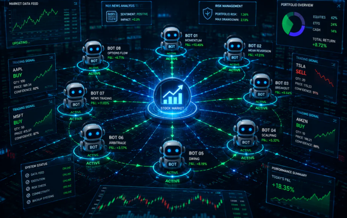 A complex dashboard displaying multiple AI trading bots (Bot 01 through Bot 08) connected to a central stock market hub, showing trading signals for stocks like AAPL, MSFT, TSLA, and AMZN with various performance metrics.