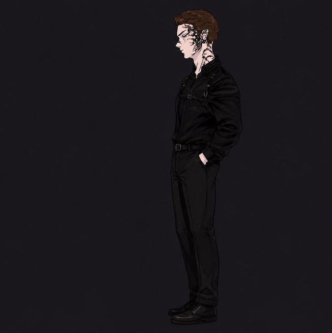 A side-profile illustration of a dark-haired character wearing an all-black outfit with a harness, standing with hands in pockets against a dark background. The contemplative pose mirrors the post's theme of being deep in thought, while the character's mysterious aesthetic complements the crypto/NFT community vibe of the "gm fam" greeting.