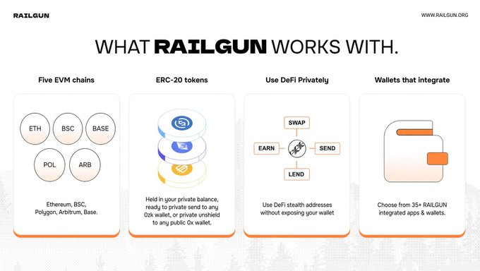 An infographic from RAILGUN (www.RAILGUN.org) titled 'WHAT RAILGUN WORKS WITH' details 'Five EVM chains', 'ERC-20 tokens', 'Use DeFi Privately', and 'Wallets that integrate'.