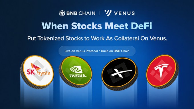 BNB Chain and Venus DeFi promotional banner titled 'When Stocks Meet DeFi' showcasing tokenized stocks (SK Hynix, NVIDIA, and Tesla) as collateral on the Venus Protocol.