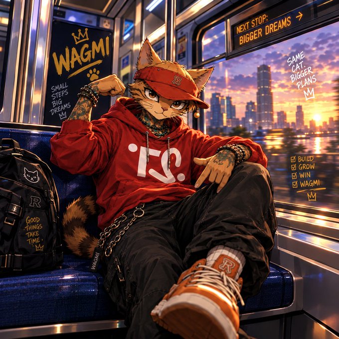 An anthropomorphic cat character wearing a red cap with 'R' logo and a red 'WAGMI' hoodie sits on a subway train with motivational text including 'NEXT STOP: BIGGER DREAMS' and 'BUILD GROW WIN WAGMI' visible, with a city skyline at sunset in the background.