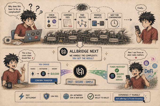 An illustrated advertisement for 'ALLBRIDGE NEXT' showing how the platform simplifies cross-chain transfers, highlighting features like fast settlement, low fees, and 28+ supported networks.
