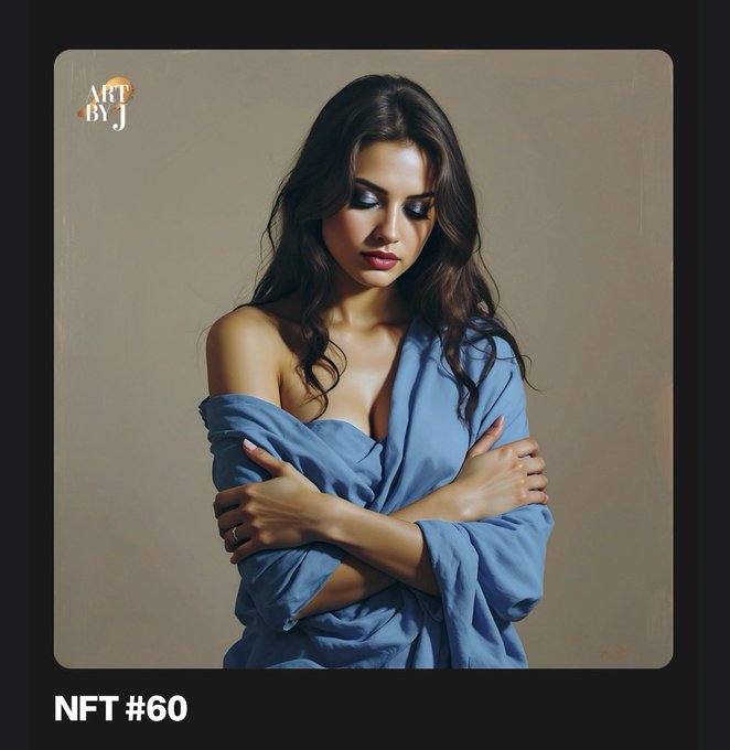 A digital painting of a woman with long dark hair wearing a blue dress/shawl, labeled 'NFT #60' with 'ART BY J' watermark.