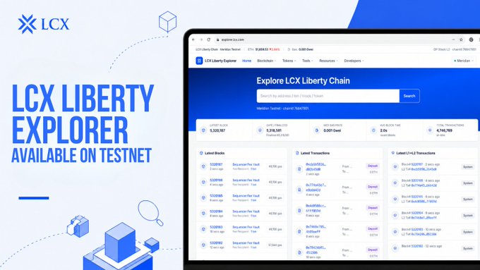 A promotional image for 'LCX LIBERTY EXPLORER AVAILABLE ON TESTNET' showing a blockchain explorer interface with sections for Latest Blocks and Latest Transactions.
