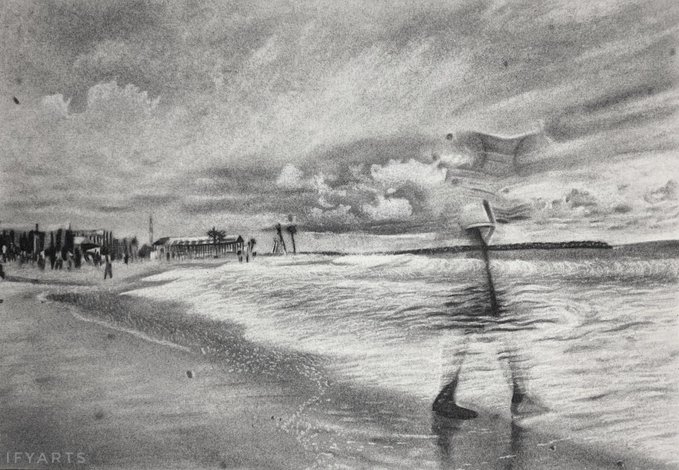 A vintage black-and-white drawing shows a beach scene with people, a pier, and a flag in the water, marked 'IFYARTS' in the corner.