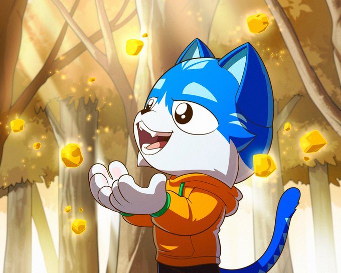 An animated cartoon of a blue and white cat-like character wearing an orange hoodie, smiling and gesturing with its paws in a forest with floating yellow cubes.