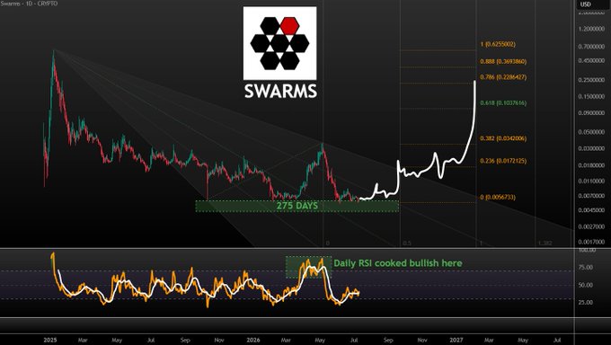 A cryptocurrency chart for $SWARMS on the daily timeframe displays a 275-day support level holding firm, with Fibonacci extension levels marked (0.236 to 1) projecting potential upside targets ranging from $0.067 to $0.625, while the Daily RSI indicator below shows a bullish setup highlighted at the recent bounce zone.