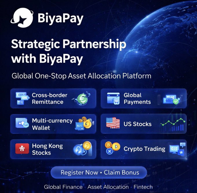 A promotional graphic for BiyaPay advertising a 'Strategic Partnership' as a 'Global One-Stop Asset Allocation Platform' with features including Cross-border Remittance, Global Payments, Multi-currency Wallet, US Stocks, Hong Kong Stocks, and Crypto Trading, with a 'Register Now • Claim Bonus' button.