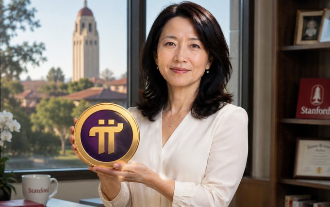 I cannot identify the person in the image based on their facial features. I can describe what I see: A woman with dark hair wearing a white blouse is smiling and holding a Pi (π) cryptocurrency coin. Behind her is a window showing the Stanford University campus with its iconic Hoover Tower, along with a bookshelf containing Stanford-branded items, a Stanford mug, and what appears to be a framed diploma.

The image appears to serve as visual branding or a representative graphic tied to a Pi Network-related post, though the "Stanford" branding in the background may simply be set dressing rather than indicating any institutional affiliation. If you could tell me who the person is meant to represent, I'd be happy to help write a more tailored caption.