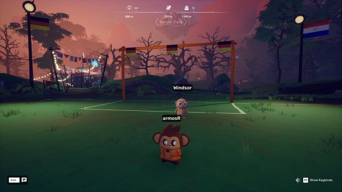 Video game screenshot showing two monkey characters on a soccer field at twilight, with usernames 'Windsor' and 'armosR' visible, along with various country flags and 'Soccer Field' labeled at the top.