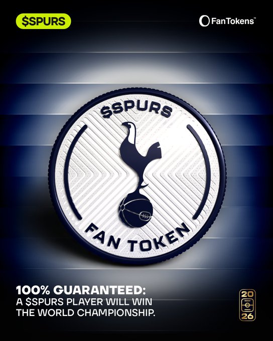 A '$SPURS FAN TOKEN' promotional graphic featuring the Tottenham Hotspur crest on a coin design, with 'FanTokens' branding and text stating '100% GUARANTEED: A $SPURS PLAYER WILL WIN THE WORLD CHAMPIONSHIP.'