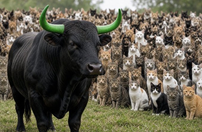 A massive black bull with vibrant green horns stands confidently in a grassy field, surrounded by an overwhelming sea of cats of various colors and patterns. The image playfully captures the post's "bull run" reference, with the imposing bull seemingly leading its unlikely army of feline followers into the market.
