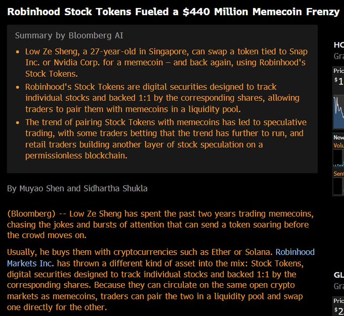A Bloomberg article headline reads "Robinhood Stock Tokens Fueled a $440 Million Memecoin Frenzy," with a summary explaining how traders like Low Ze Sheng in Singapore can swap Robinhood's Stock Tokens (backed 1:1 by shares of companies like Snap Inc. or Nvidia Corp.) for memecoins in liquidity pools. The image relates to the post's bullish sentiment on $DOG by highlighting the broader $440 million surge in the memecoin space, supporting the claim that memecoin traders ("are not wrong") and positioning $DOG as an early "value play" benefiting from this speculative frenzy.