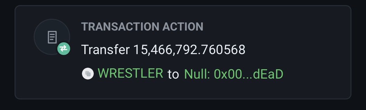 A transaction notification shows a transfer of 15,466,792.760568 of token WRESTLER to a Null address (0x00...dEaD).