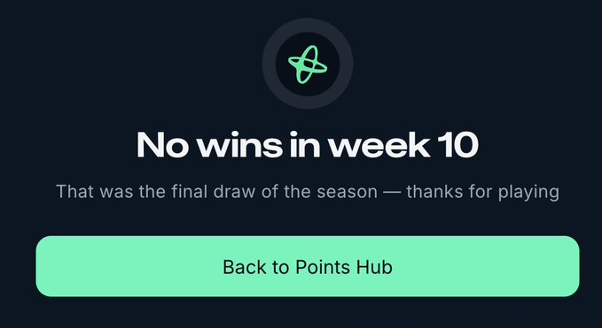 The image displays a "No wins in week 10" message from the Nansen Raffle, confirming the poster's experience of not winning in the final draw after 10 weeks and $1M in prizes, with a "Back to Points Hub" button to continue navigating the platform.