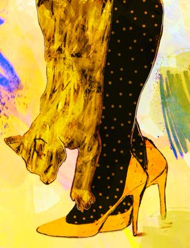 A colorful mixed-media painting depicting a spotted leopard or cheetah positioned above a pair of yellow polka-dot stockings and yellow high-heeled shoes.