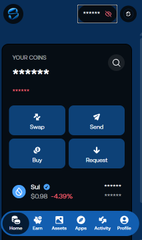 A blue-toned screen interface with blurry icons and controls, including rounded buttons and a navigation bar; most labels are not clearly legible.