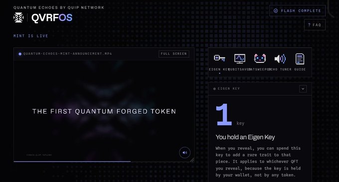 A digital interface for 'QVRFOS' displays 'THE FIRST QUANTUM FORGED TOKEN' on a video player, alongside an 'EIGEN KEY' section indicating the user holds '1 key' for Quantum Echoes.
