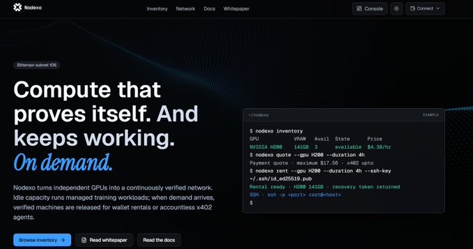 The image shows the Nodexo website homepage featuring the tagline "Compute that proves itself. And keeps working. On demand." along with a description of Nodexo's service for turning independent GPUs into a continuously verified network with managed training workloads. A terminal window on the right displays example commands for managing GPU inventory, including an NVIDIA H200 GPU available at $4.39/hour with 141GB VRAM.

The image relates to the post by illustrating the Nodexo platform's core value proposition—keeping stakes locked while earning yield from verified GPU compute—showcasing the actual interface where users would manage and rent GPU capacity like the listed NVIDIA H200.