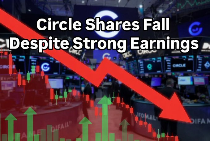 A financial news graphic with the headline 'Circle Shares Fall Despite Strong Earnings' overlaid on a stock market trading floor background, featuring a large red downward arrow and red candlestick charts.