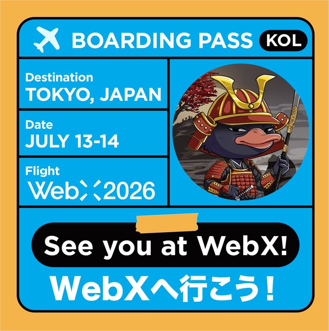 A blue boarding pass graphic labeled 'KOL' with destination 'TOKYO, JAPAN', date 'JULY 13-14', flight 'WebX 2026', and a samurai penguin mascot, with text 'See you at WebX! WebXへ行こう!'