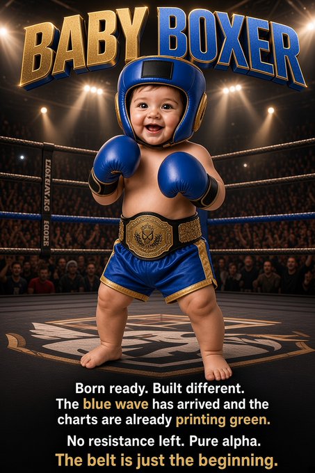 A humorous AI-generated meme titled 'BABY BOXER' depicting a smiling baby in blue boxing gear and championship belt in a boxing ring, with trading-themed text about 'blue wave' and 'charts printing green.'