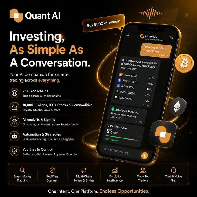 A sleek promotional graphic for "Quant AI - Your AI Investment Advisor" features a smartphone displaying a conversational interface where a user requests "Buy $500 of Bitcoin," followed by an automated 60/40 Crypto/Stocks rebalance across Bitcoin (BTC), Ethereum (ETH), Solana (SOL), NVIDIA (NVDA), and Apple (AAPL) with an 82/100 Conviction Score. The ad highlights the platform's key features, including support for 25+ blockchains, 10,000+ tokens, stocks and commodities, AI-driven analysis and signals, automated strategies, and user-controlled execution, alongside tools like Smart Money Tracking, Red Flag Scanner, and Portfolio Intelligence.
