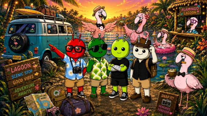 A vibrant tropical scene features colorful alien-like characters and flamingos gathered by a vintage VW bus, with signs reading 'LAGOON SCENIC STOP - GOOD VIBES ADVENTURE AWAITS' and 'FLAMINGO LAGOON,' plus a 'SNAP IT! MEMORIES FOREVER' sign.