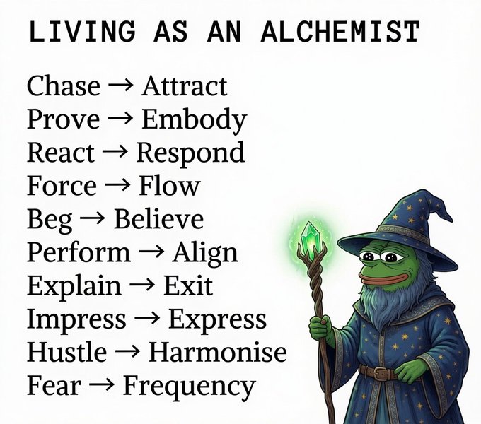 An infographic titled 'LIVING AS AN ALCHEMIST' featuring a Pepe the Frog dressed as a wizard, with a list of mindset shifts: Chase→Attract, Prove→Embody, React→Respond, Force→Flow, Beg→Believe, Perform→Align, Explain→Exit, Impress→Express, Hustle→Harmonise, Fear→Frequency.