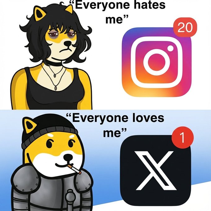 A two-panel meme comparing online interactions. The top panel shows an anthropomorphic dog character with the text 'Everyone hates me' next to an Instagram icon with 20 notifications. The bottom panel shows the same character looking cool with the text 'Everyone loves me' next to an X (formerly Twitter) icon with 1 notification.