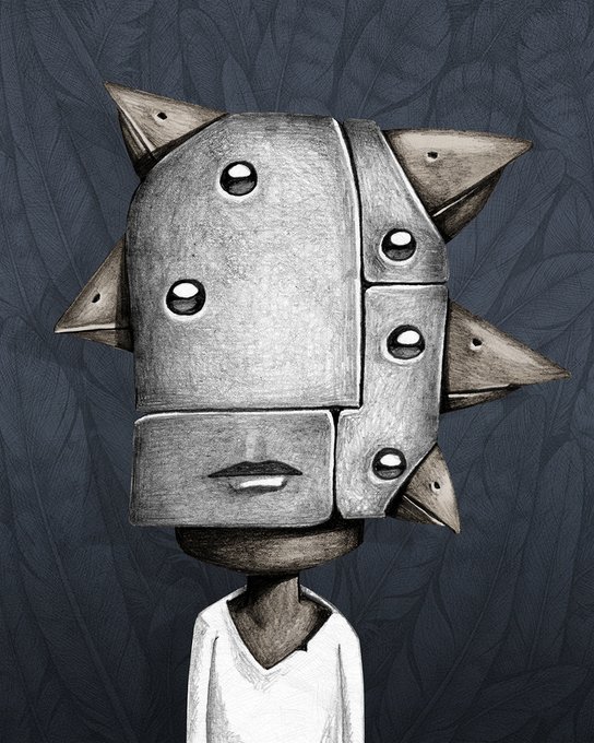 A digital illustration of a small, vulnerable figure wearing a large, spiked metallic mask that obscures the upper face, rendered in a moody, textured style against a dark backdrop. The artwork conveys a sense of emotional armor and concealment, fitting the introspective tone often found in Tezos NFT collectibles listed on Objkt.