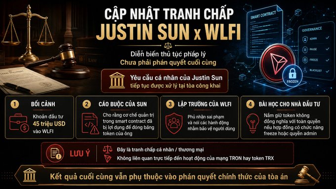 An infographic in Vietnamese titled 'CẬP NHẬT TRANH CHẤP JUSTIN SUN x WLFI' detailing an ongoing legal dispute, with visible text about '$45 triệu USD', 'TRON', and 'token TRX'.